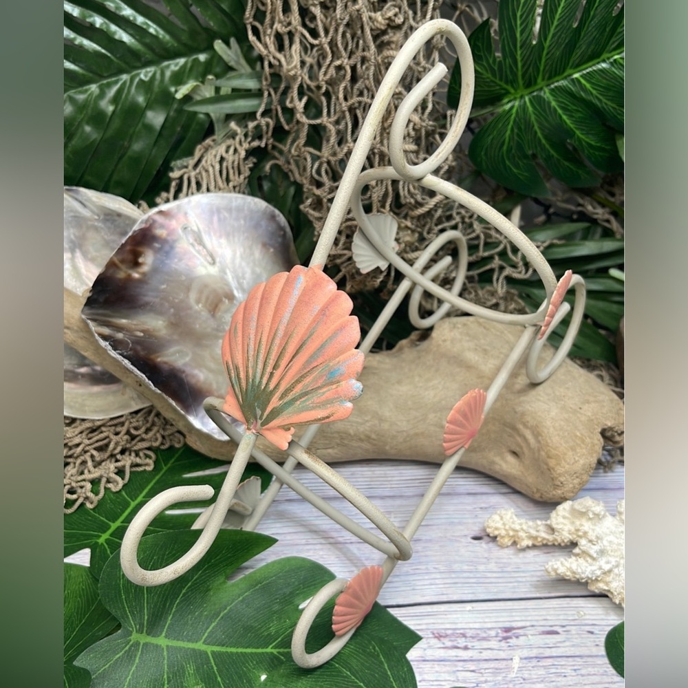 Vintage Seashells Metal Wine or Bottle Holder Coastal Nautical Beach Shell Decor